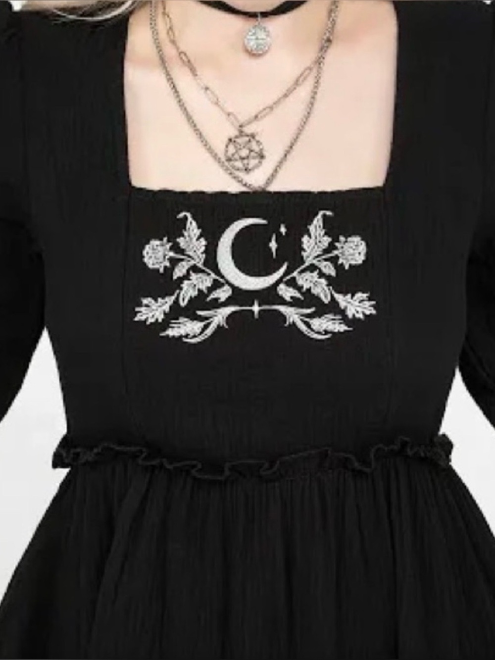 Disturbia Aracia embroidered Black Midi Dress Crescent witchy moon NEW NWT